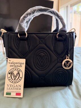 Valentino Orlandi Black Quilted Vegan Leather Satchel with Gold Charm